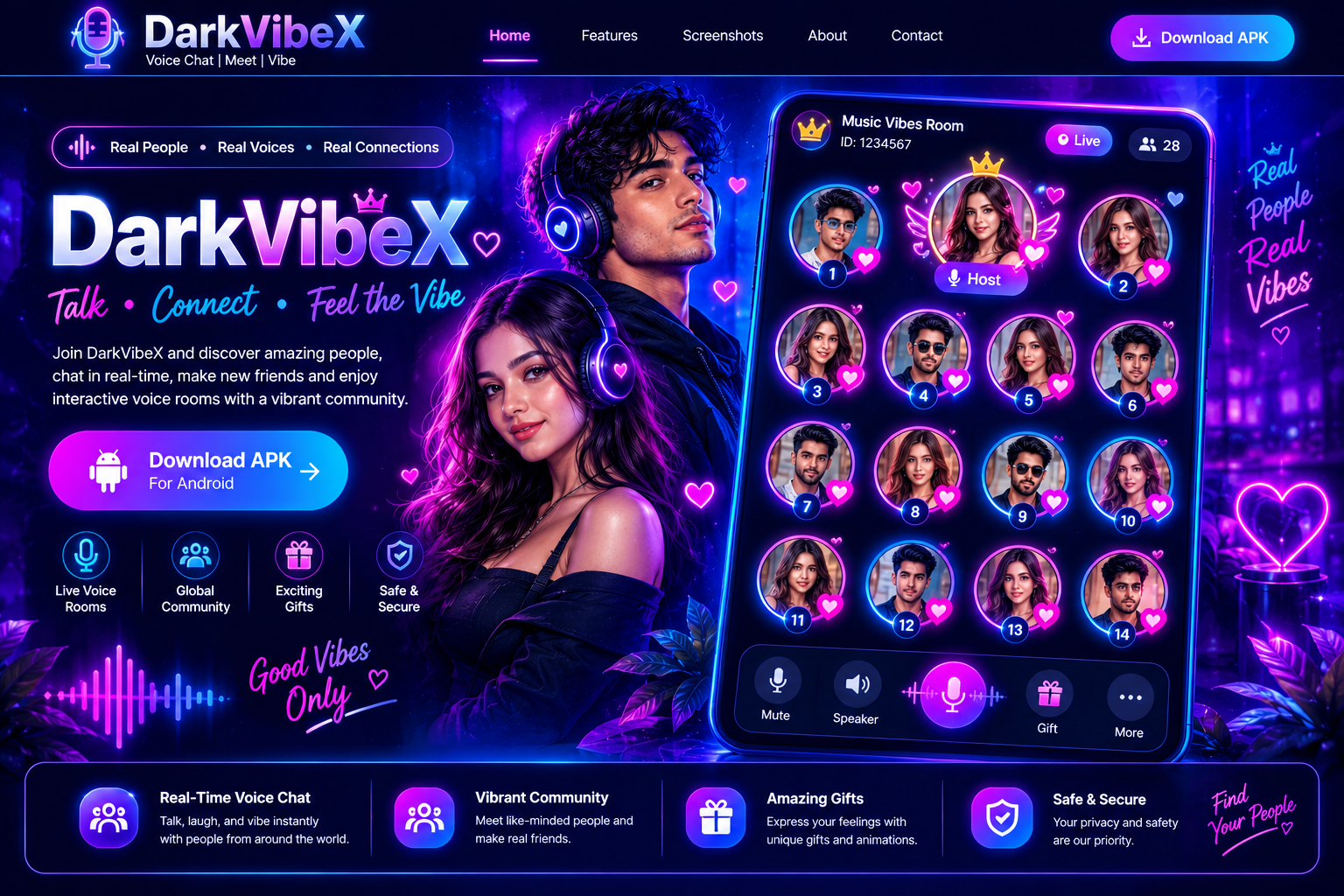 DarkVibeX voice room with male and female avatars and glowing hearts around seats